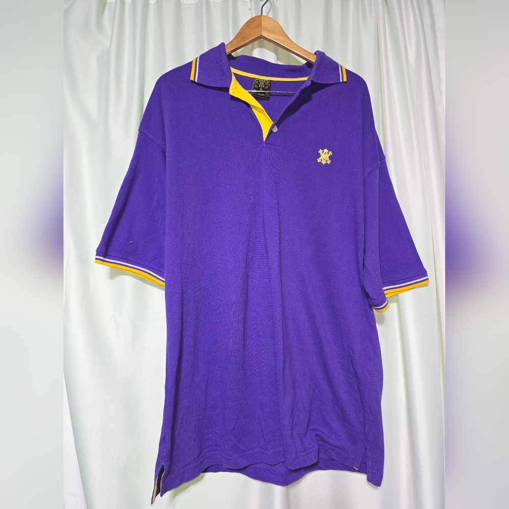 Vintage AVIREX Embroidered Monogram RARE! Purple Yellow Pique Polo Shirt Mens XL